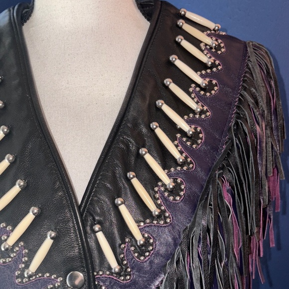 🟣 Western Wear by Shaf Leather Vest – Purple & Black Fringe, Bone & Silver Stud - Picture 3 of 14